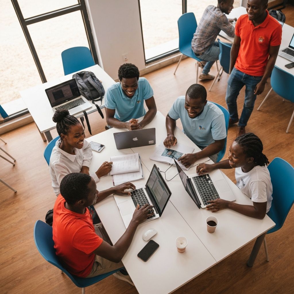 Young African students collaborating around laptops